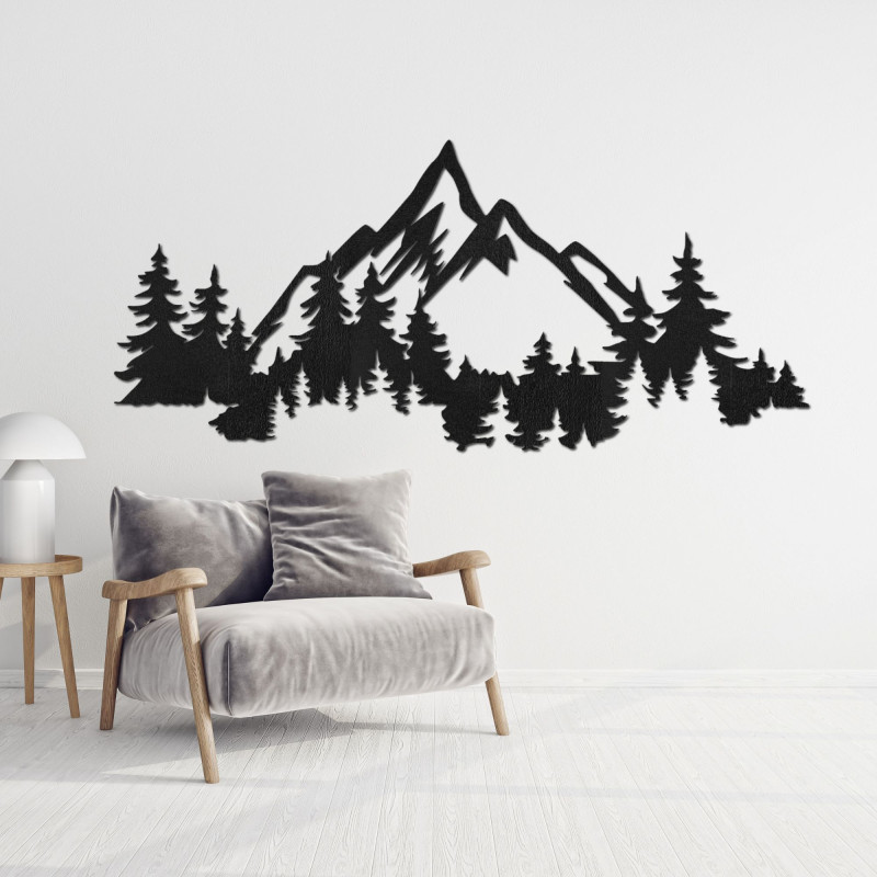 Decorațiune murală din lemn cu motiv panoramic de munte și pădure