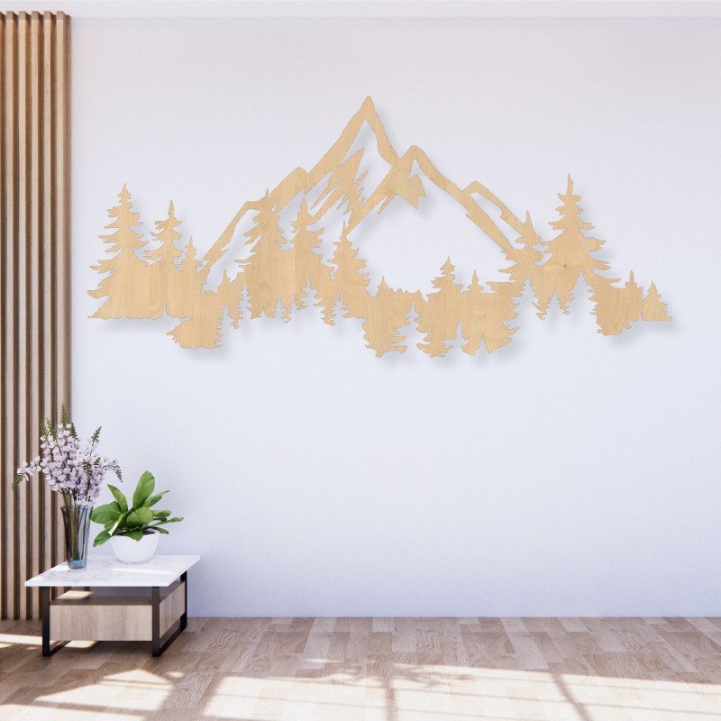 Imagine 3D minimalistă a munților și pădurii realizată din placă HDF neagră deasupra canapelei