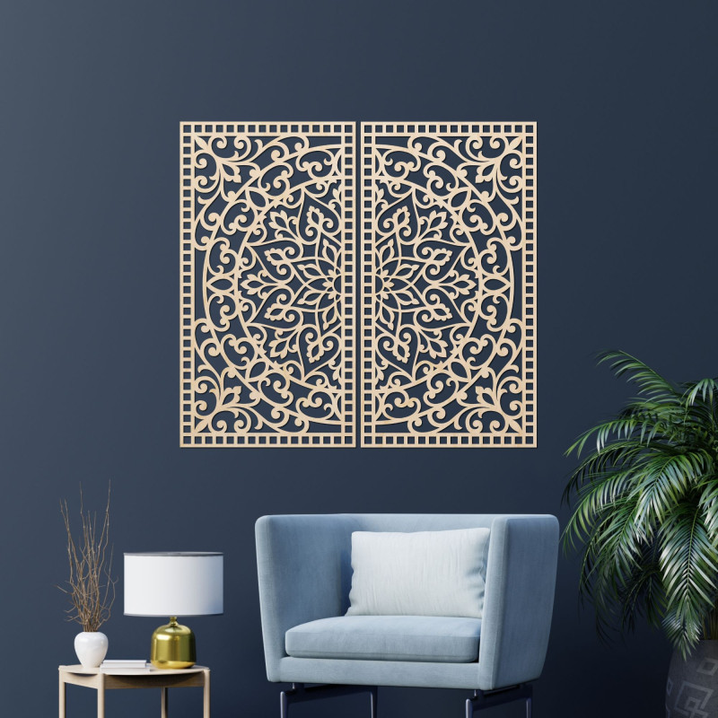 Mandala 3D din lemn pe perete – Diptic sculptat în stil boho