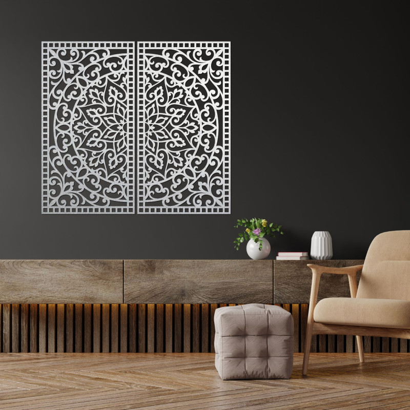 Mandala 3D din lemn pe perete – Diptic sculptat în stil boho
