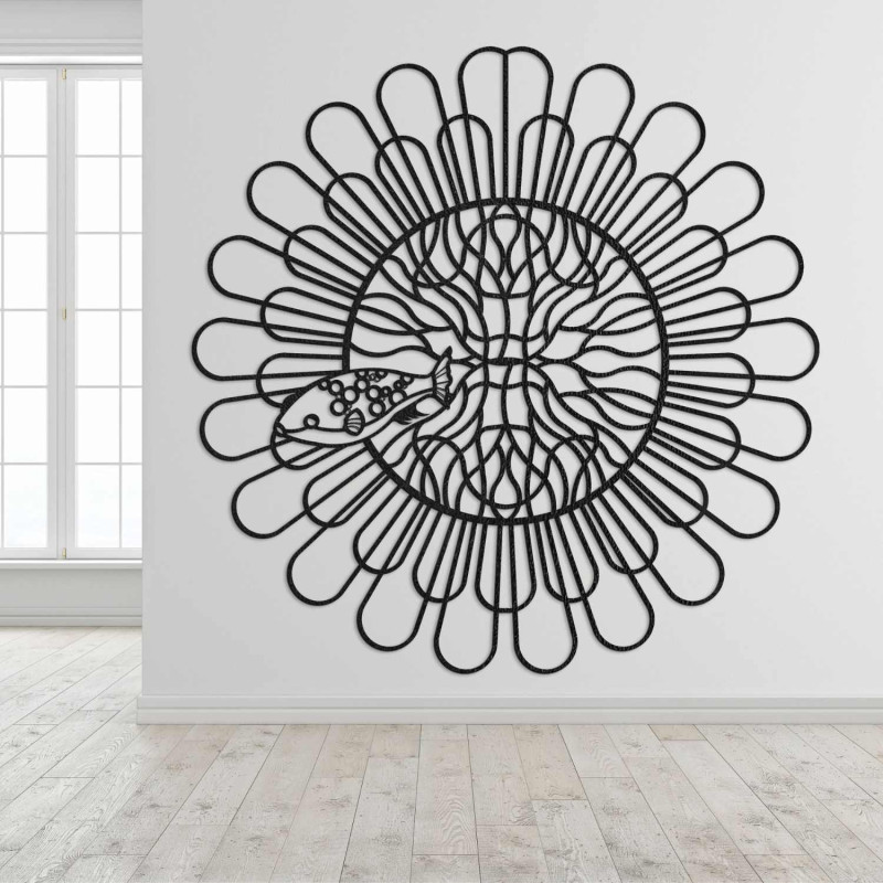 Imagine 3D sculptată a unei mandale de pește cu patru dinți, realizată din placă HDF neagră