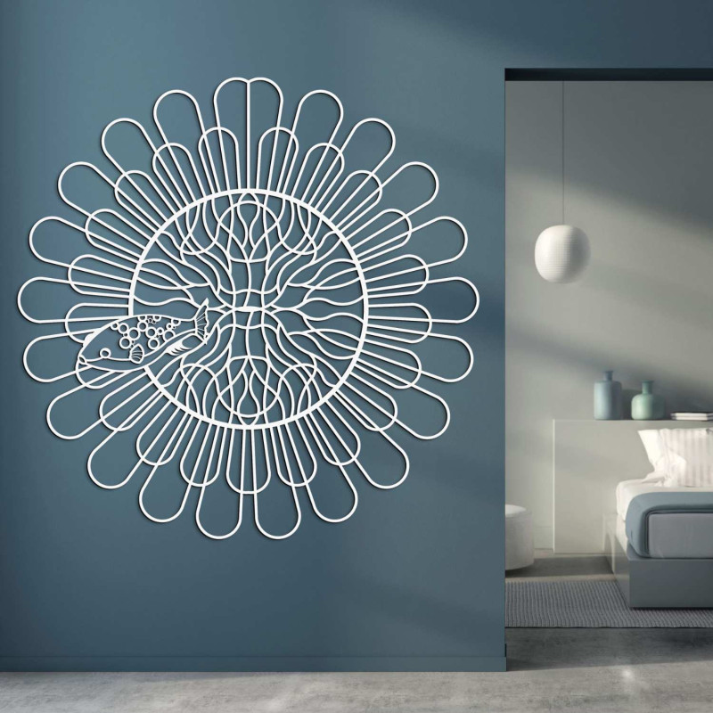 Mandala detaliată decupată cu laser cu pește ca decor 3D modern