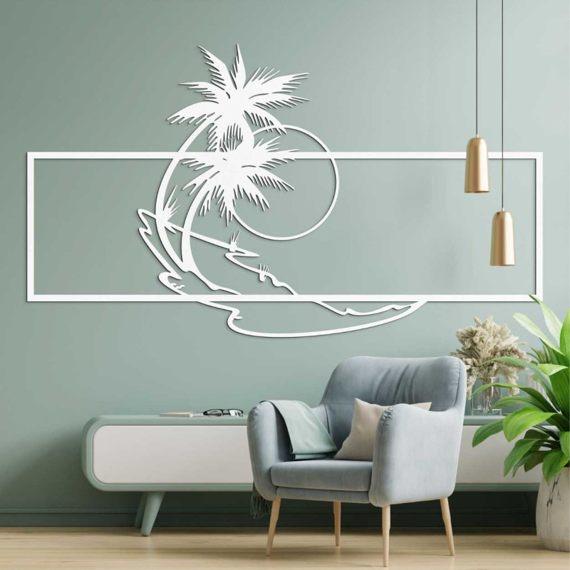 Decorul din lemn cu motiv de palmier și plajă arată minimalist, dar în același timp aduce o notă de exotism interiorului.