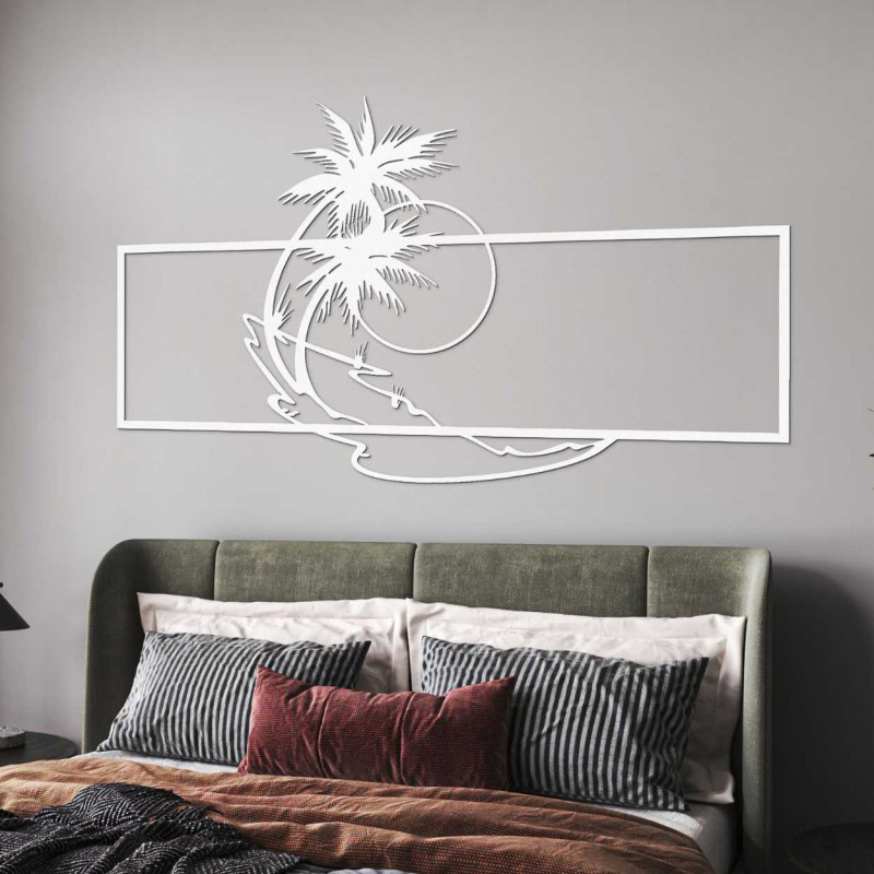 Tablou decorativ din lemn cu motiv de plajă și palmier pentru un interior modern