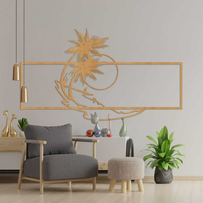 Un tablou de design cu motiv de plajă și palmieri aduce prospețime și eleganță simplă interiorului.