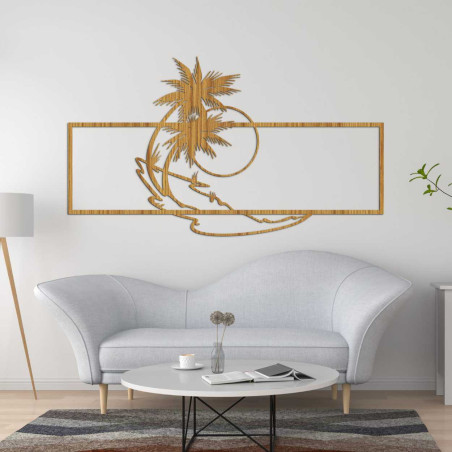 Tablou decorativ din lemn cu motiv de plajă și palmier pentru un interior modern