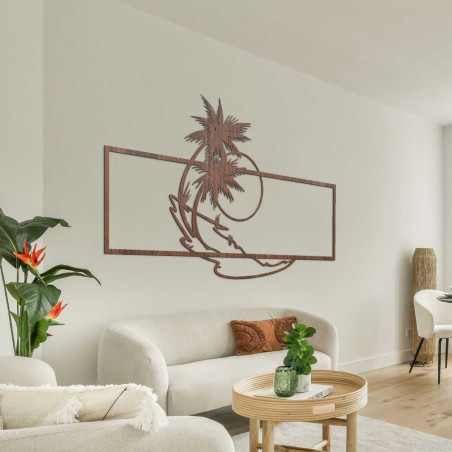 Tablou decorativ din lemn cu motiv de plajă și palmier pentru un interior modern