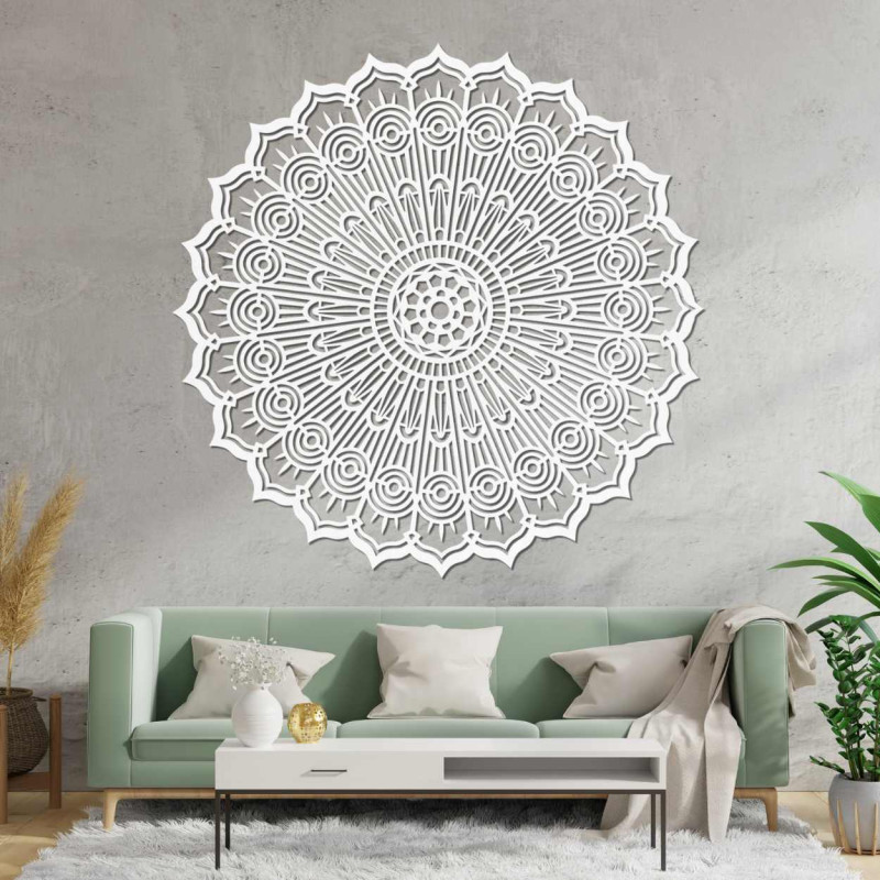 Pictură circulară Mandala din lemn, tăiată cu laser. Decorațiune murală geometrică precisă, maro.