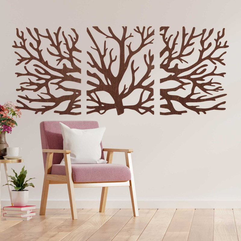 O pictură murală modernă în trei părți cu un copac, care va înviora orice interior cu stil.