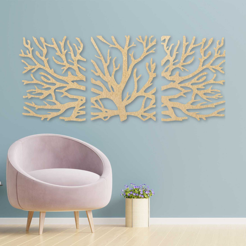 O pictură murală modernă în trei părți cu un copac, care va înviora orice interior cu stil.