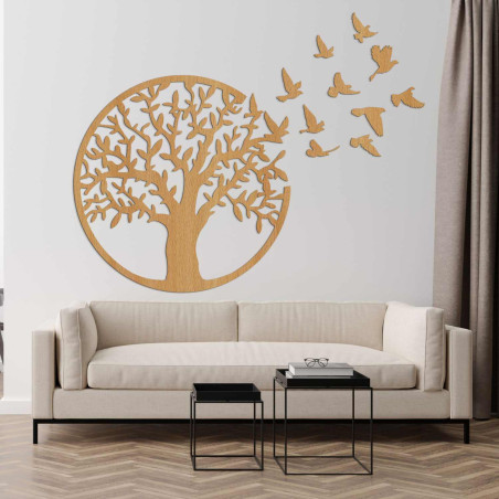 Copacul Vieții din lemn negru cu păsări zburătoare ca decor 3D în sufragerie