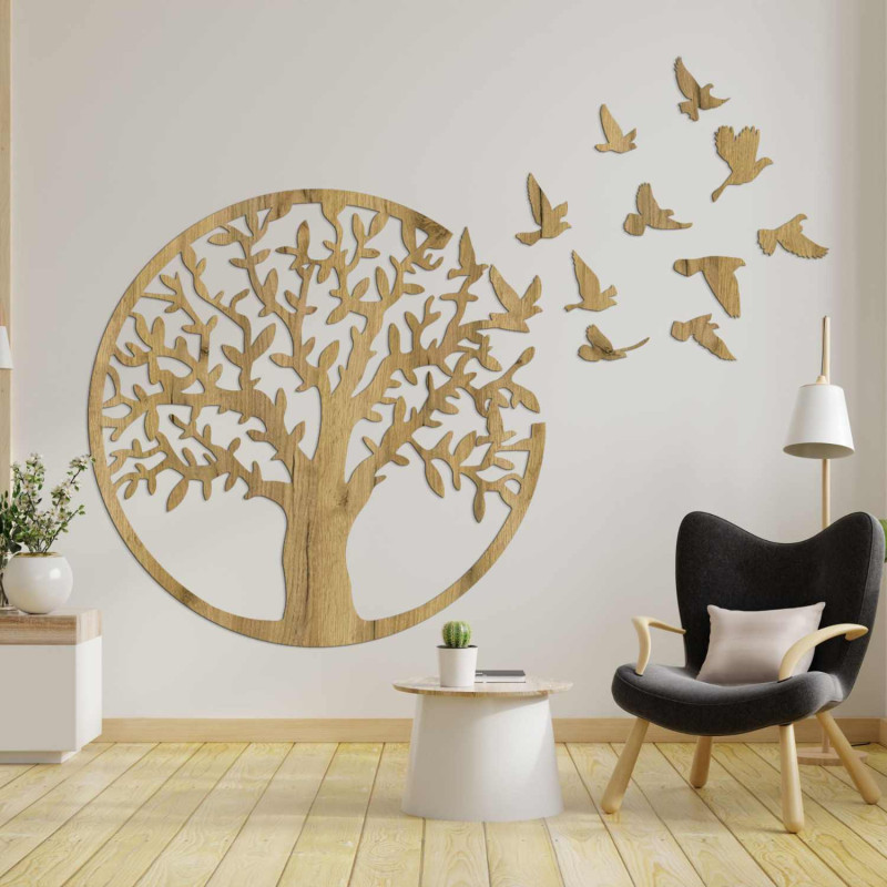 Copacul Vieții din lemn negru cu păsări zburătoare ca decor 3D în sufragerie