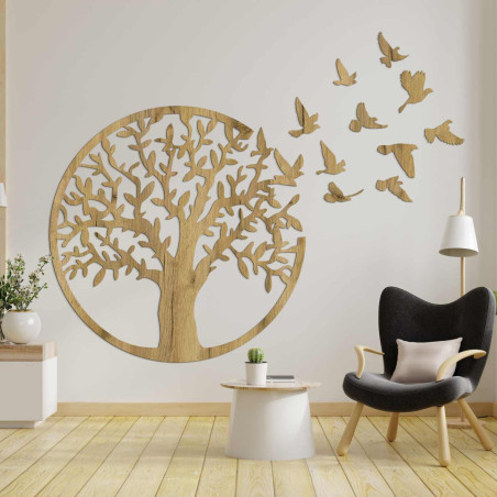 Copacul Vieții din lemn negru cu păsări zburătoare ca decor 3D în sufragerie