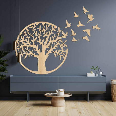 Copacul Vieții din lemn negru cu păsări zburătoare ca decor 3D în sufragerie