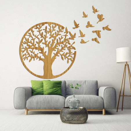 Copacul Vieții din lemn negru cu păsări zburătoare ca decor 3D în sufragerie
