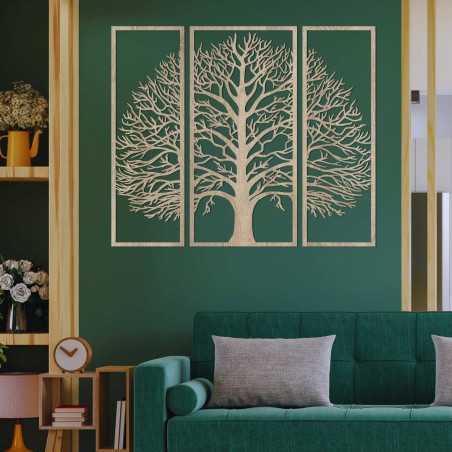 Decorațiune murală modernă neagră în formă de copac, împărțită în trei panouri.