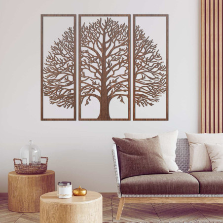 Decorațiune murală modernă neagră în formă de copac, împărțită în trei panouri.