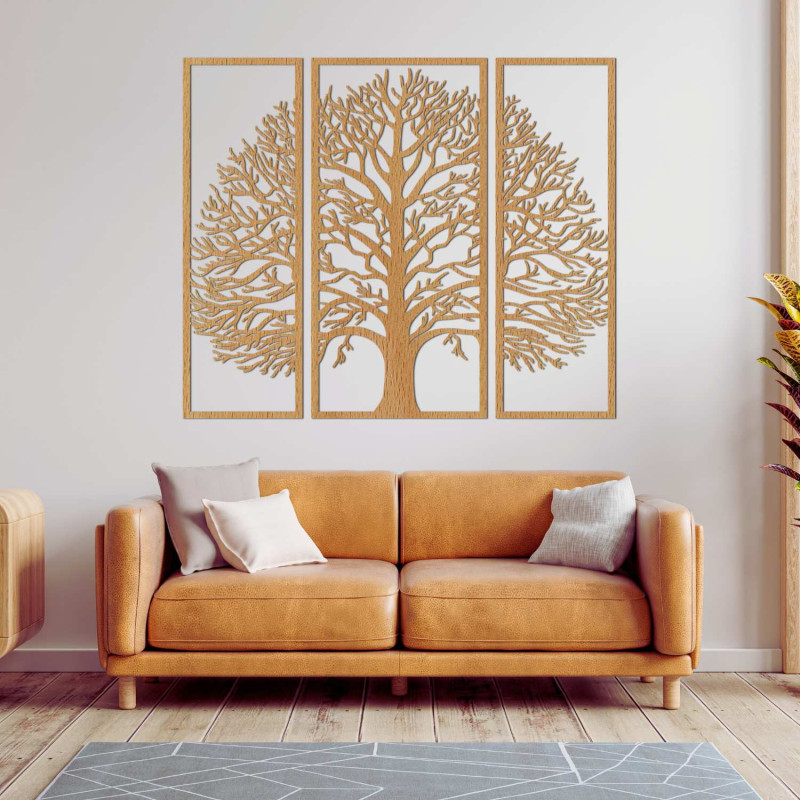 Siluetă de copac negru din lemn ca decor interior din trei piese