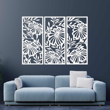 Tablou din lemn cu trei piese reprezentând flori - decorațiune murală modernă pentru sufragerie, cu motiv natural.