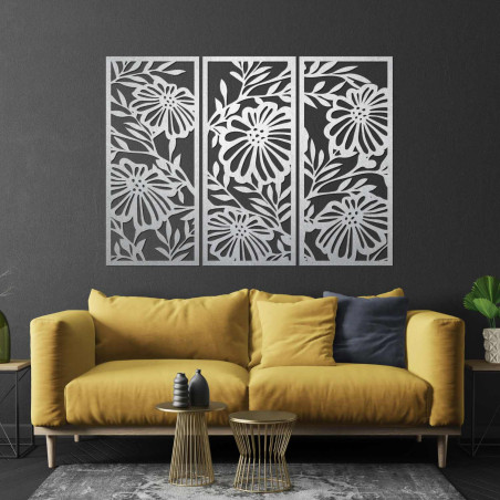 Tablou din lemn cu trei piese reprezentând flori - decorațiune murală modernă pentru sufragerie, cu motiv natural.