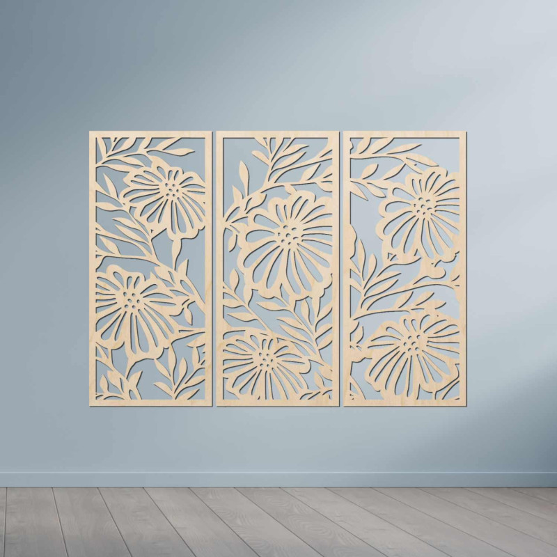 Pictură florală din lemn în trei părți - decor elegant de perete pentru un interior modern.