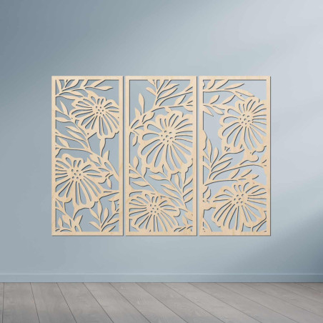 Pictură florală din lemn în trei părți - decor elegant de perete pentru un interior modern.