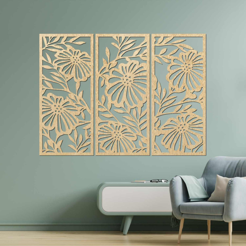 Pictură florală din lemn în trei părți - decor elegant de perete pentru un interior modern.