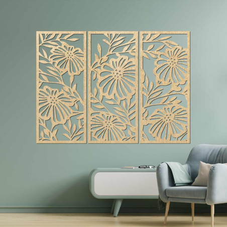 Pictură florală din lemn în trei părți - decor elegant de perete pentru un interior modern.