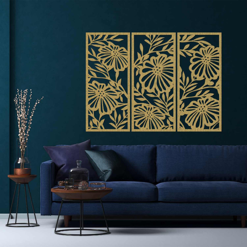 Pictură florală din lemn în trei părți - decor elegant de perete pentru un interior modern.