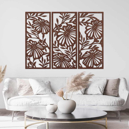 Pictură florală din lemn în trei părți - decor elegant de perete pentru un interior modern.