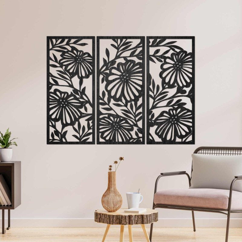 Pictură florală din lemn în trei părți - decor elegant de perete pentru un interior modern.