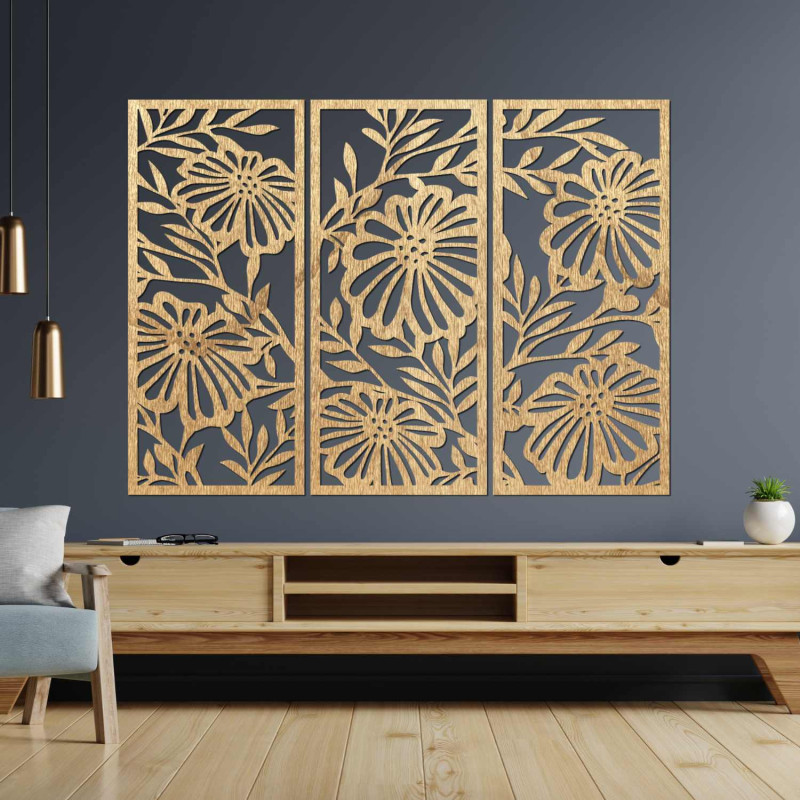 Pictură florală din lemn în trei părți - decor elegant de perete pentru un interior modern.