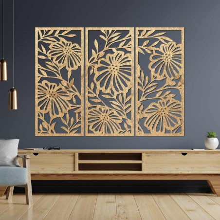Pictură florală din lemn în trei părți - decor elegant de perete pentru un interior modern.