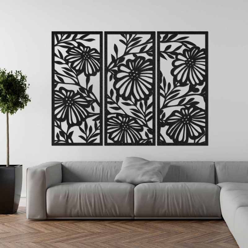 Tablou modern din trei piese cu model floral - un plus elegant pentru camera de zi.
