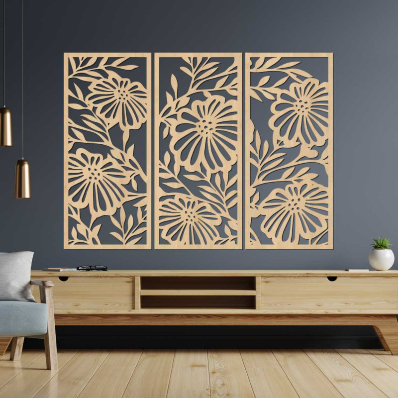 Tablou modern din trei piese cu model floral - un plus elegant pentru camera de zi.