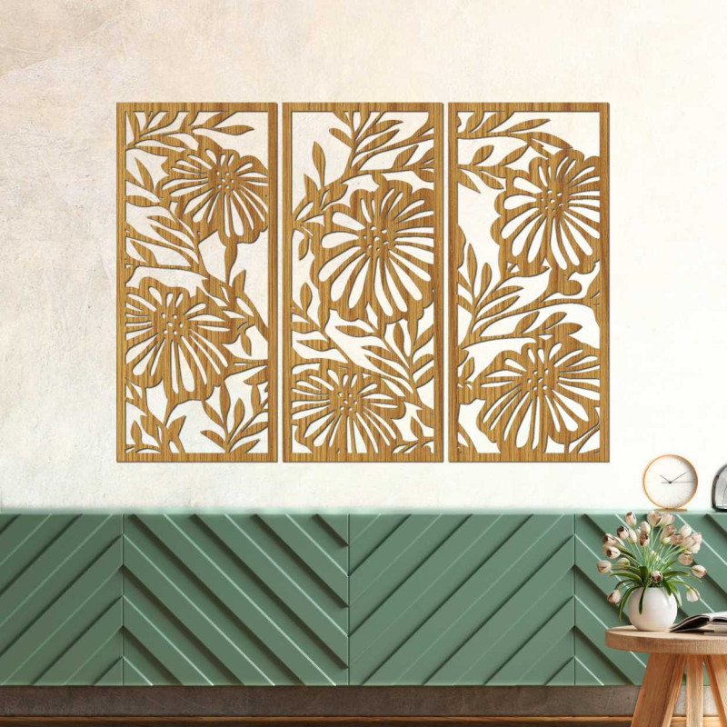 Pictură de design cu flori din lemn - decor mural 3D pentru un interior armonios.