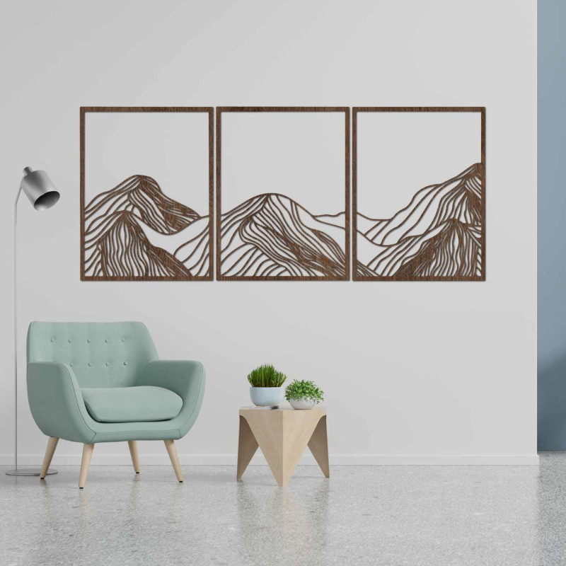 Această frumoasă pictură din lemn, formată din trei piese, surprinde frumusețea naturii într-un stil minimalist, dar sofisticat.
