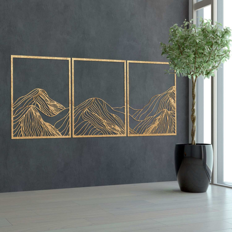 Pictură montană din lemn în trei părți - decor interior minimalist