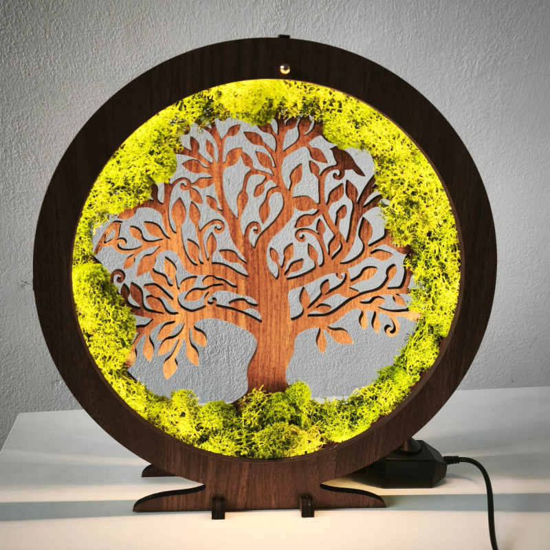 Lampă LED Arborele Vieții cu mușchi - decor de masă pentru sufragerie.