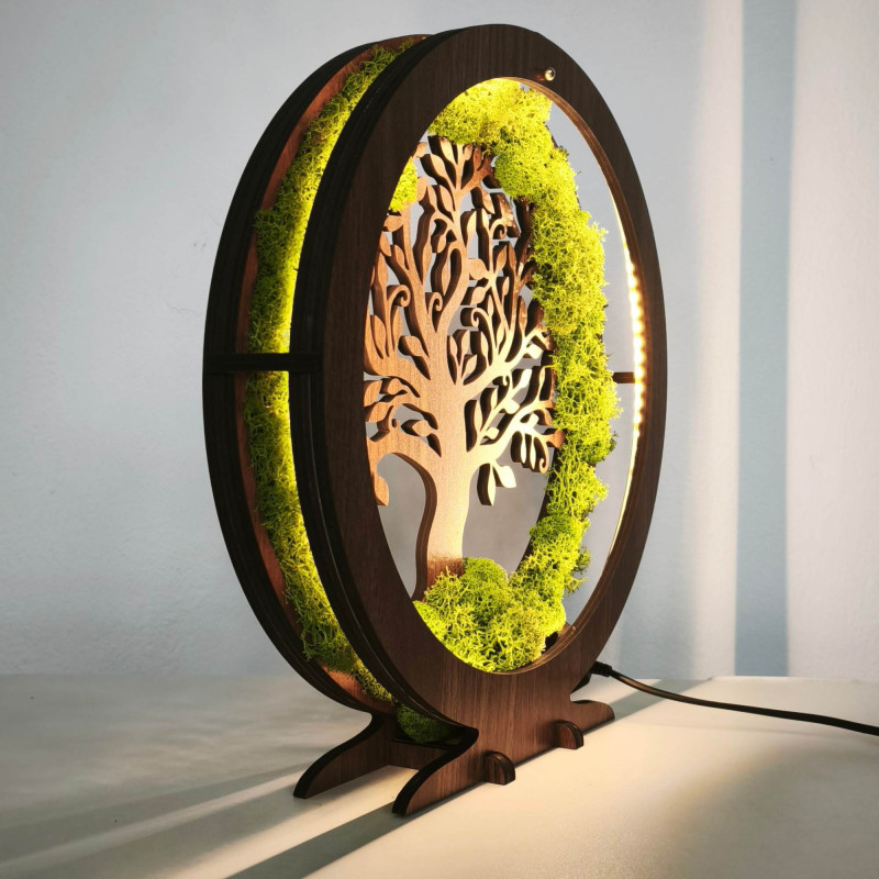 Lampă LED Arborele Vieții cu mușchi - decor de masă pentru sufragerie.