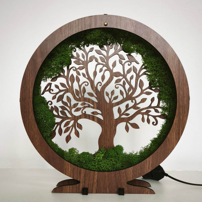 Lampă LED Arborele Vieții cu mușchi - decor de masă pentru sufragerie.