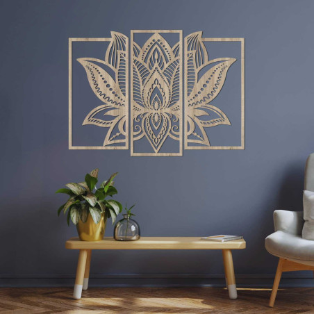 Pictură de lotus în trei părți - decorațiune murală din lemn de designer