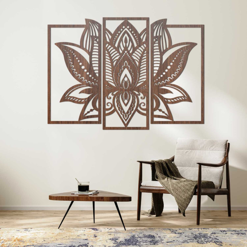 Pictură de lotus în trei părți - decorațiune murală din lemn de designer