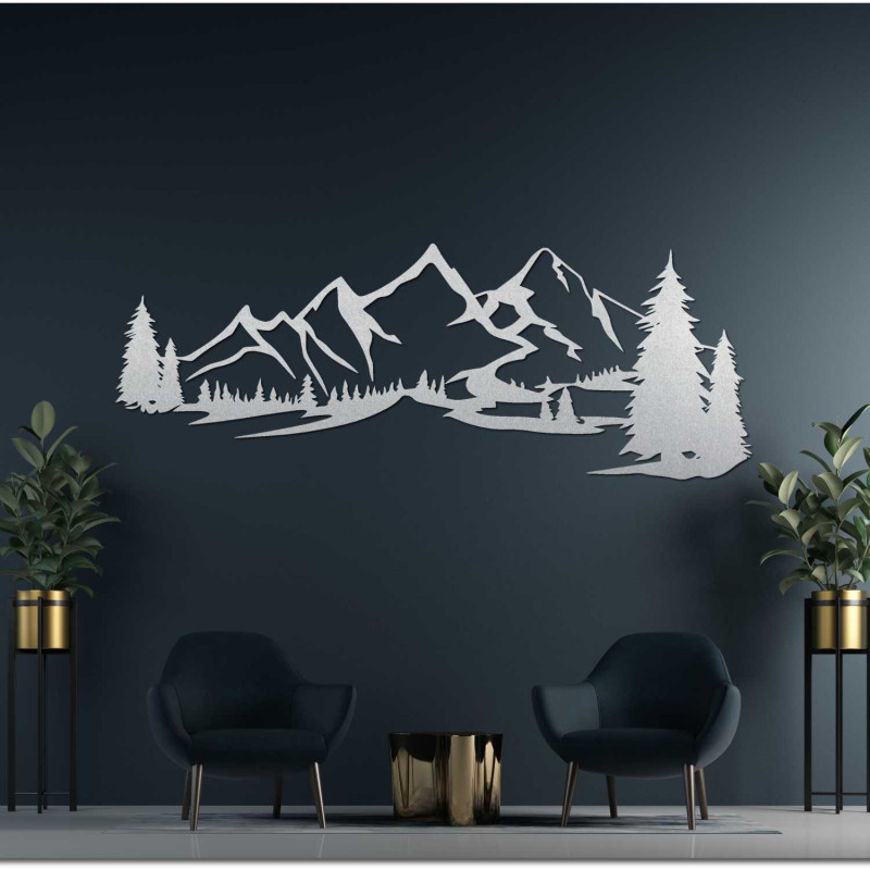 Pictură murală din lemn pădure și munți