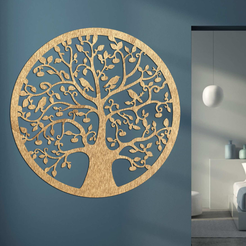 Decorațiune circulară din lemn, Pomul Vieții, cu design negru, deasupra comodei.