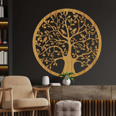 Decupaj 3D din lemn reprezentând un copac cu păsări - pictură elegantă pentru interior, stejar bronz.