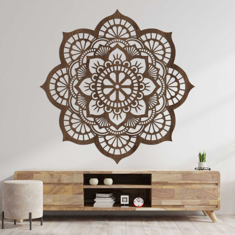 Decorațiune murală modernă în formă de mandală din lemn natural