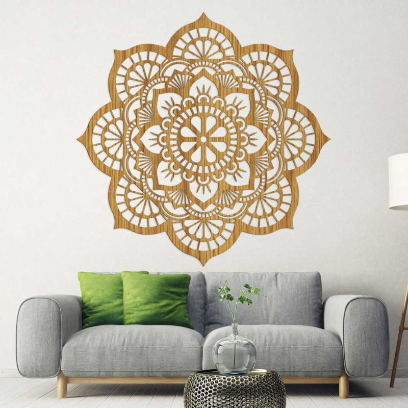 Decorațiune murală modernă în formă de mandală din lemn natural