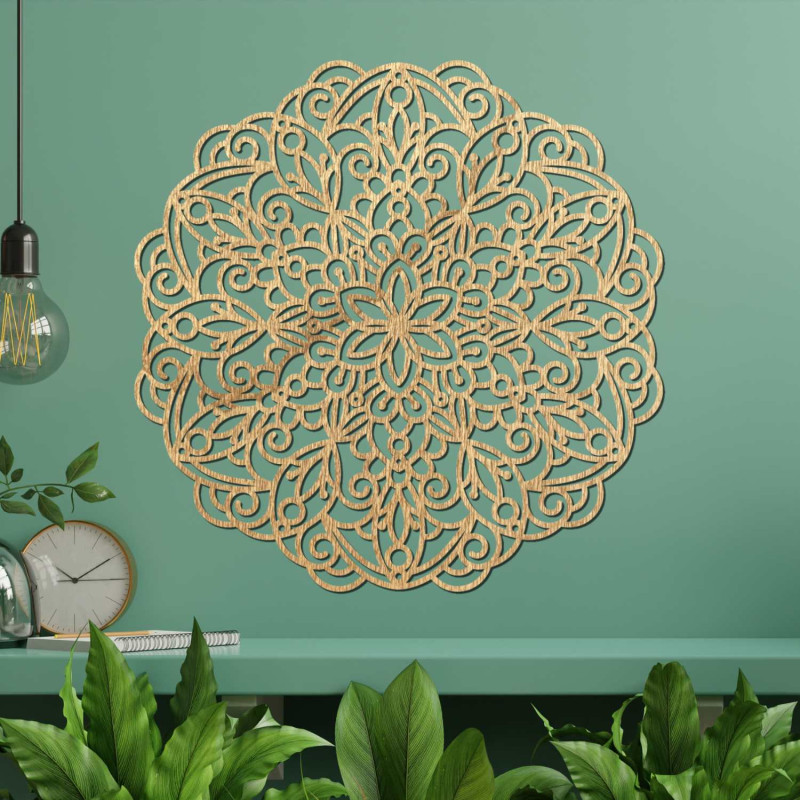 Decorațiunile luxoase din lemn, în formă de mandală, adaugă liniște și eleganță spațiului.