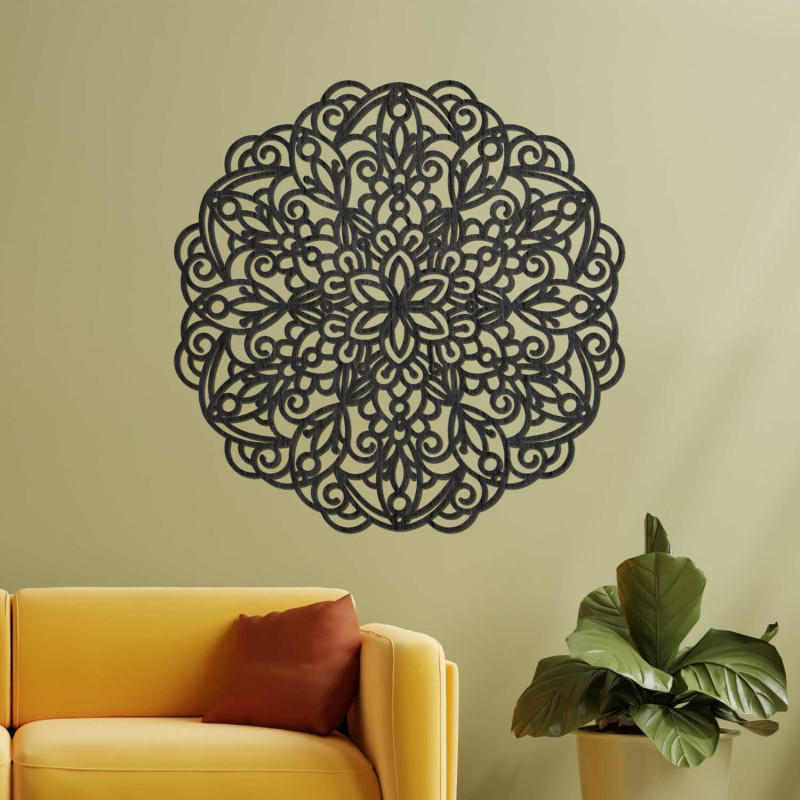 Decorațiunile luxoase din lemn, în formă de mandală, adaugă liniște și eleganță spațiului.